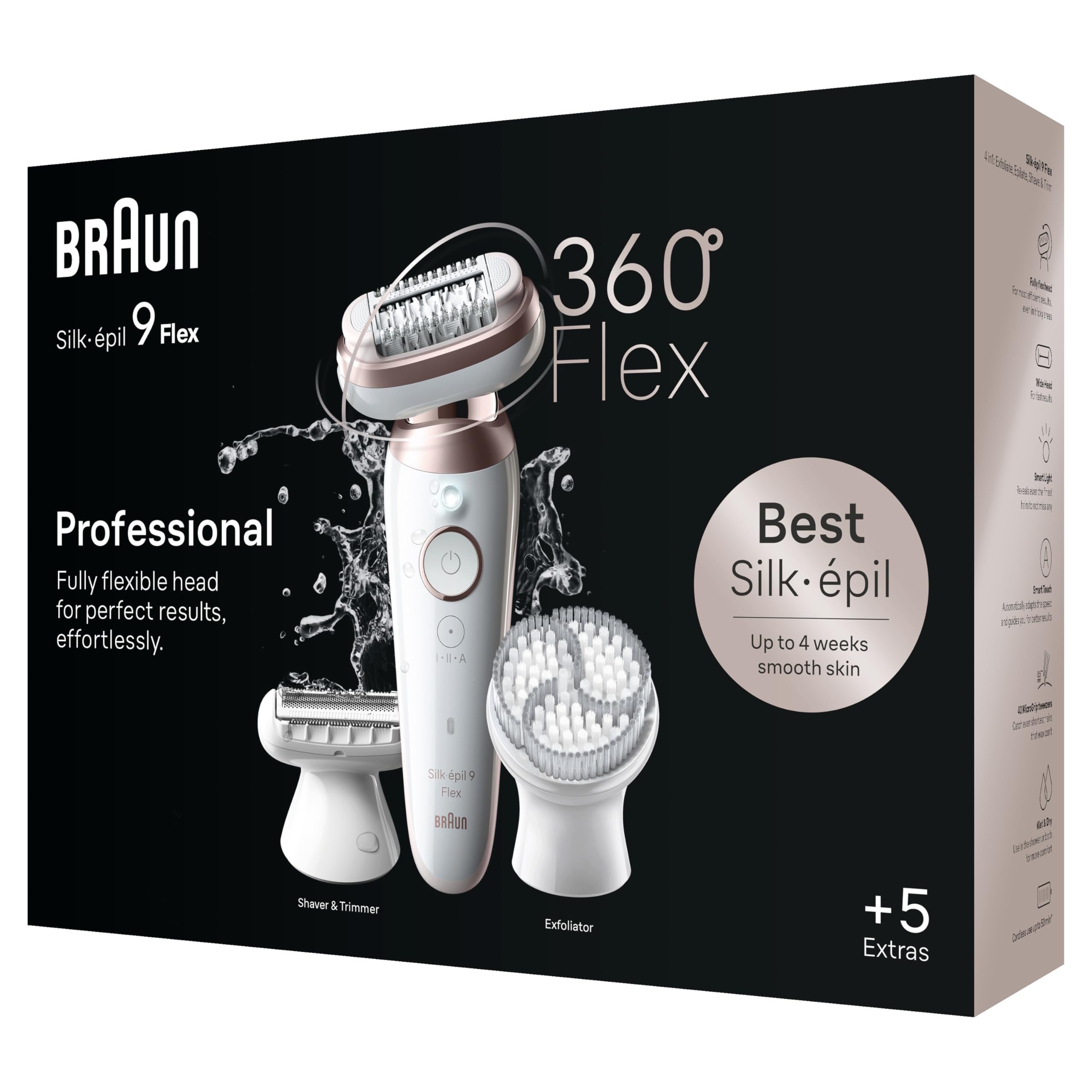 Braun Epilateur Electrique Pour Femmes Silk-épil 9 Flex 9-060 3D Avec Tête Flexible À 360° Pour Une Épilation Facile Et Une Peau Douce, Étanche, Tête De Rasoir, Sabot Tondeuse, Brosses Exfoliantes