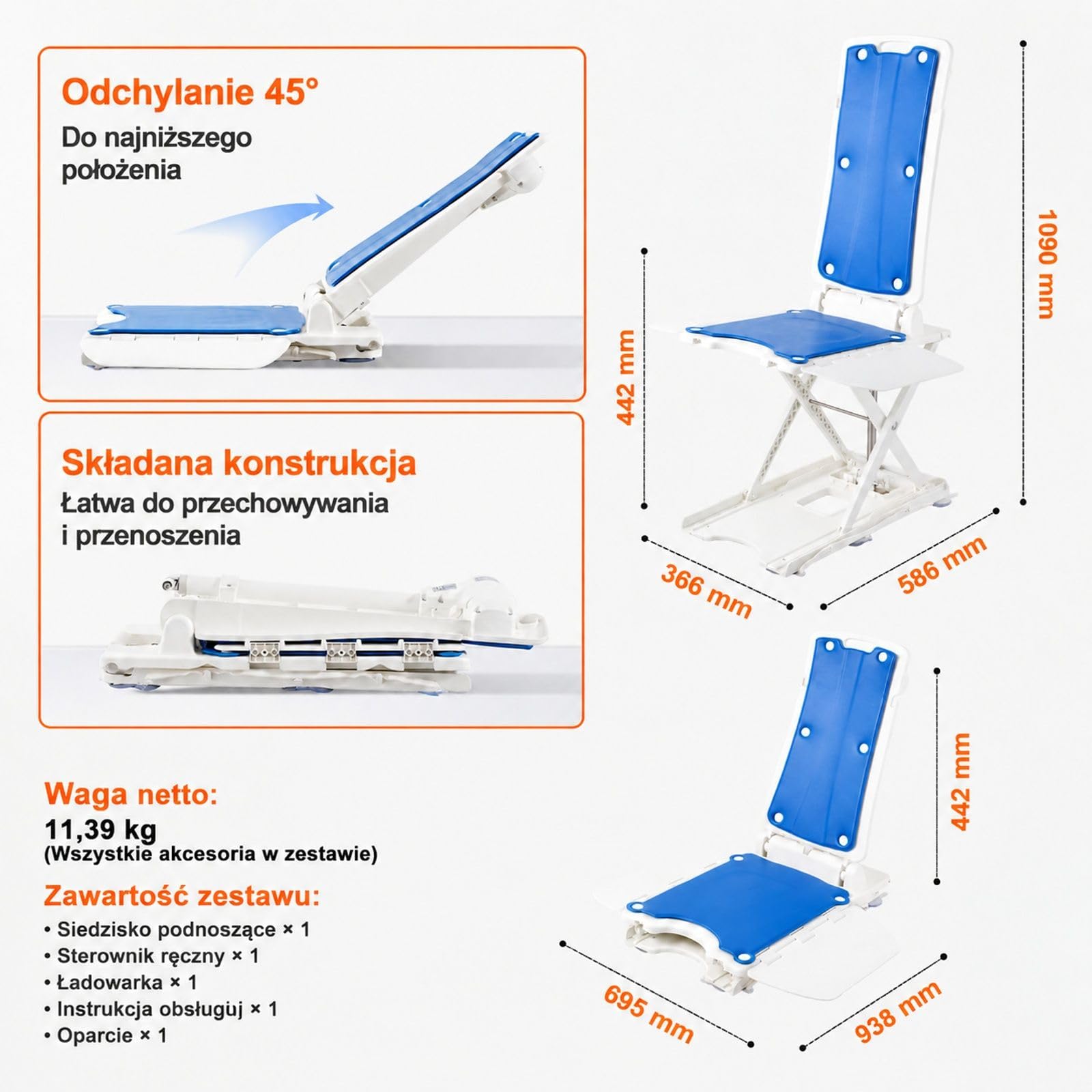 Podnośnikowe siedzisko do wanny z odchylanym oparciem, regulowaną podstawą, białe i niebieskie