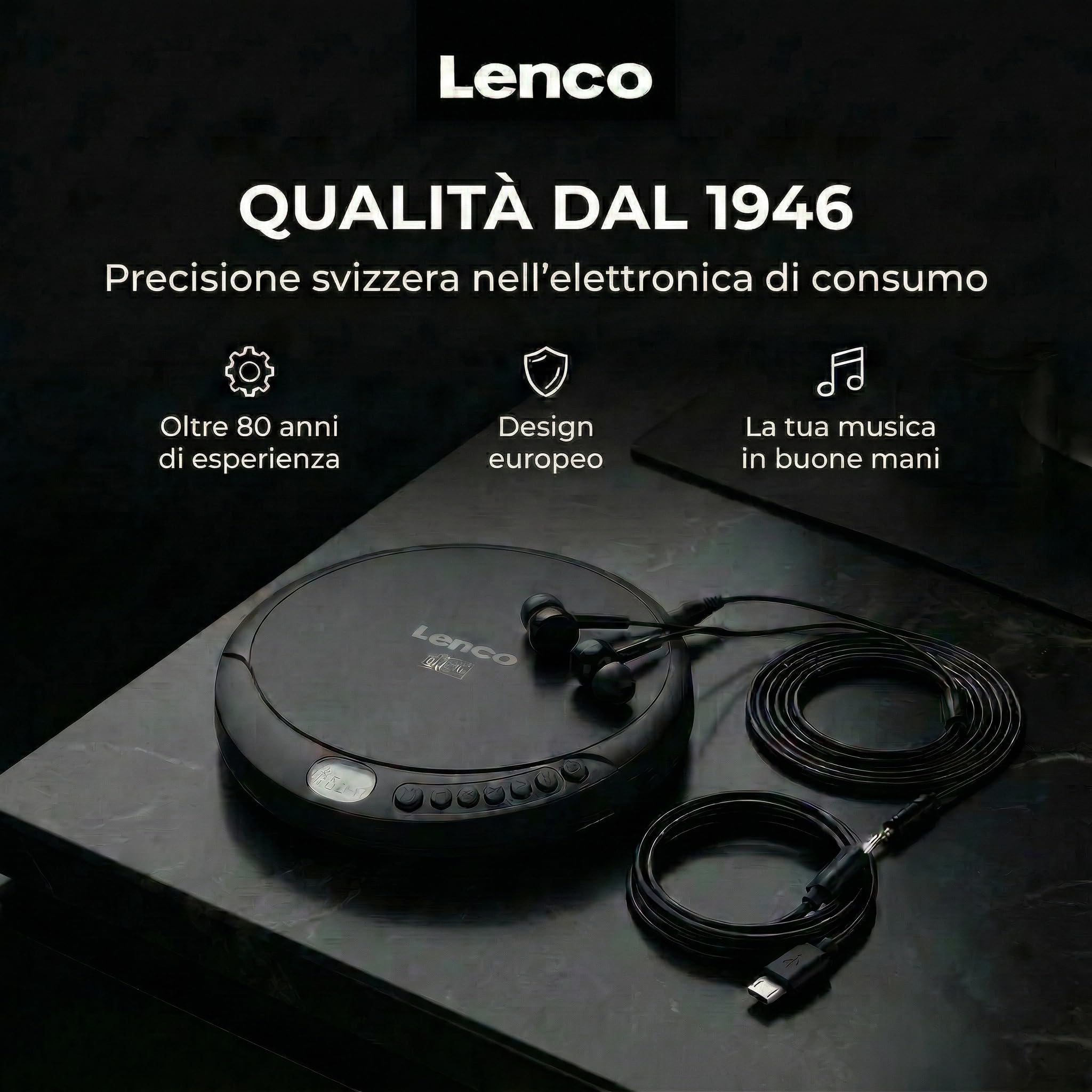 Lenco CD-010 Lettore CD portatile Walkman Nero con cuffie e cavo micro USB
