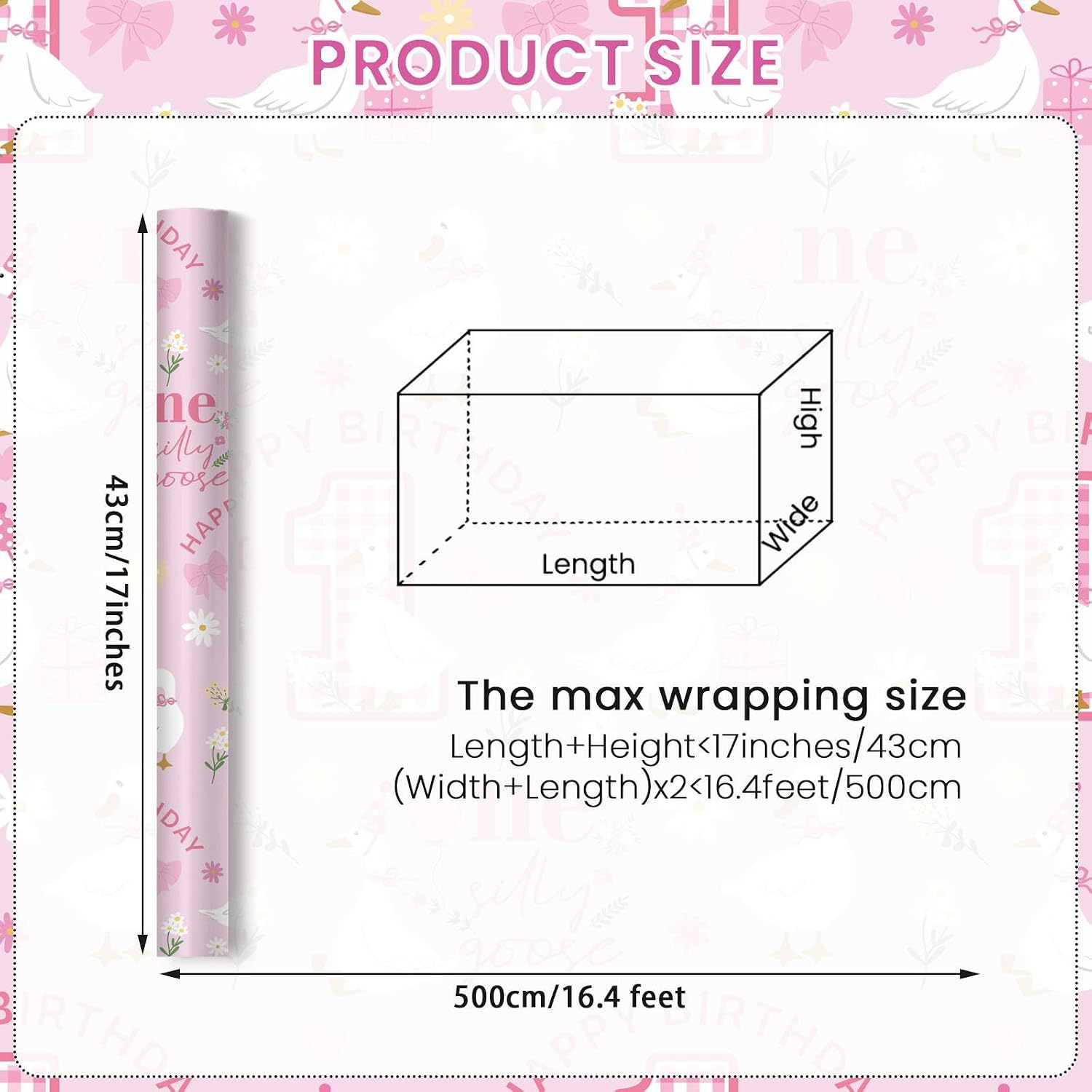 Liobelon Goose 1st Birthday Wrapping Paper Roll, 1 Year Old Gift Wrap, Pink image 5