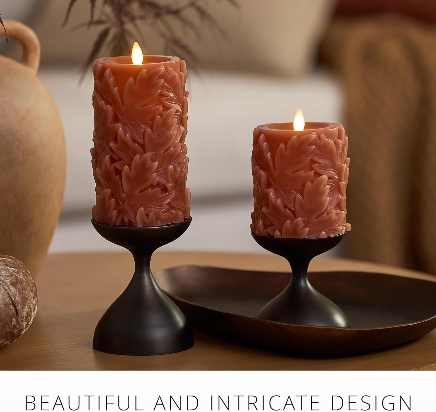 Luminara Flameless Caramel Cafe Embossed Leaves 3.5" x 6.5" Pillar, Battery Operated & Timer Function, Fall Decorations Indoor Candle Moving Flickering Flame LED Light, Remote Ready (Sold Separately) - Image 2