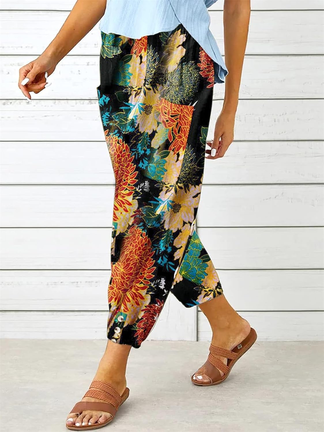 Womens Capri Pants Cotton Linen Cropped Trousers Summer Wide Leg Drawstring High Waist Palazzo Pants with Pockets - Image 2