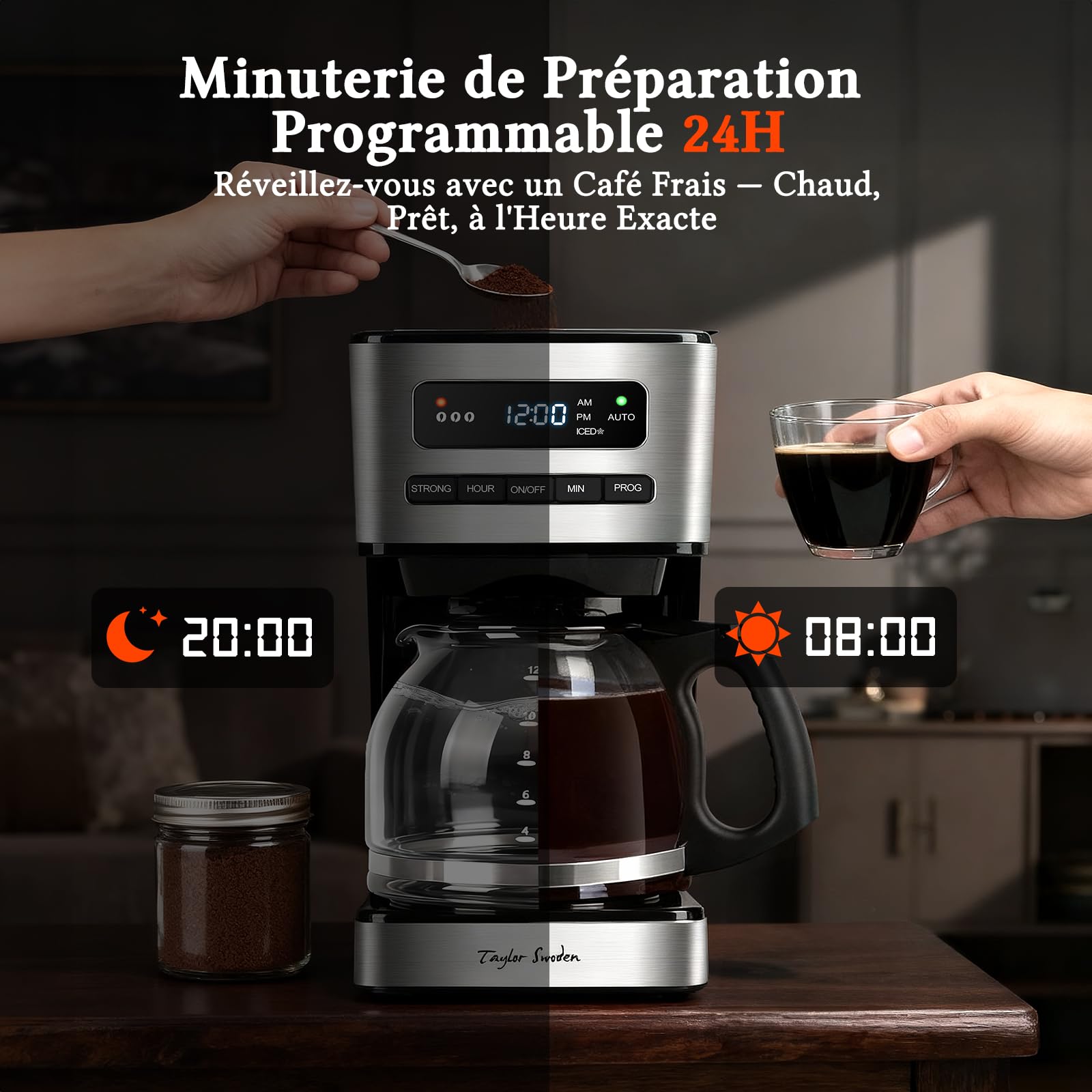 Taylor Swoden Cafetiere filtre 1.8L (12-15 Tasses) - Programmable 24H, 3 Niveaux Concentration + Café Glacé, Autonettoyage, Anti-Goutte, Maintien au chaud & Arrêt Auto 40Min, Filtre Amovible,écran LED