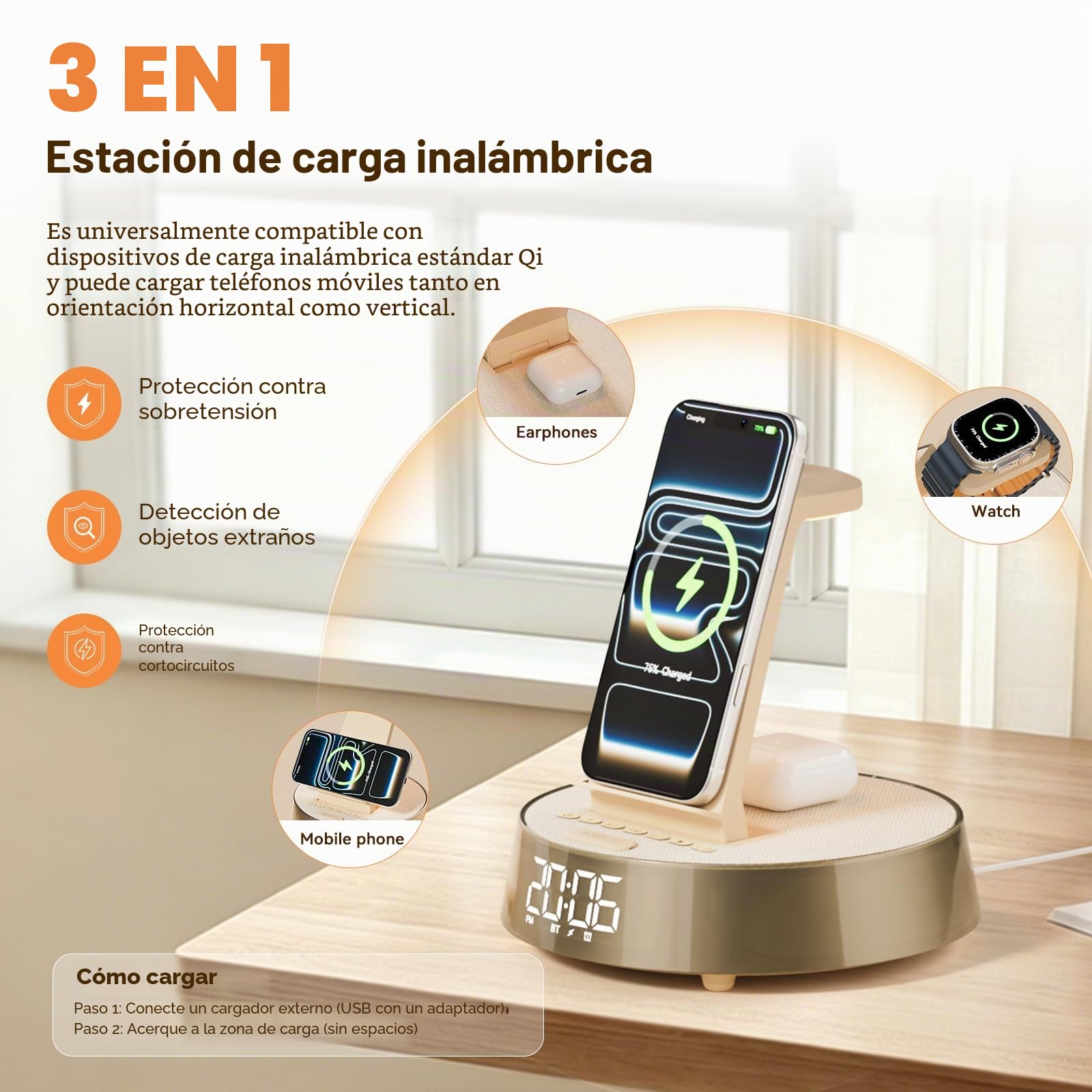 6 en 1 Cargador Inalámbrico para i Phone 17-11, Altavoz Bluetooth con Radio Despertador Cargador para A pple Watch, Wireless Charger con Ajustable Luz Nocturna Regalo Hombre