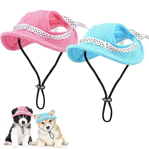 Pet Baseball Hat Round Brim Princess Cap Dog Visor Hat Sun Protection Cap Dog Mesh Porous Cap with Ear Holes and Chin Strap for Small Dogs Pug Chihuahua Shih Tzu Yorkshire Terriers, 2 Colors
