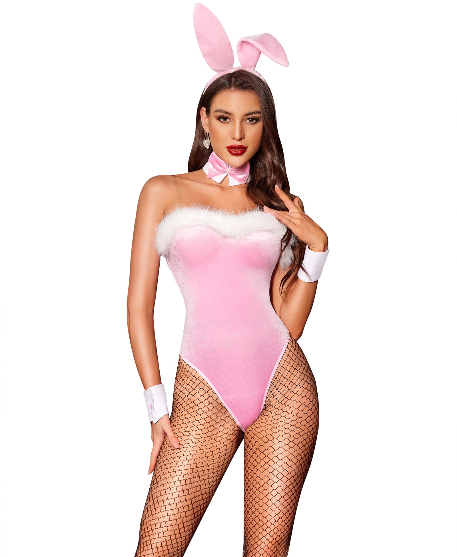 RSLOVE Sexy Bunny Costume Adult - Halloween Outfits Women Bunny Suit Cosplay 7 Pieces Pink L
