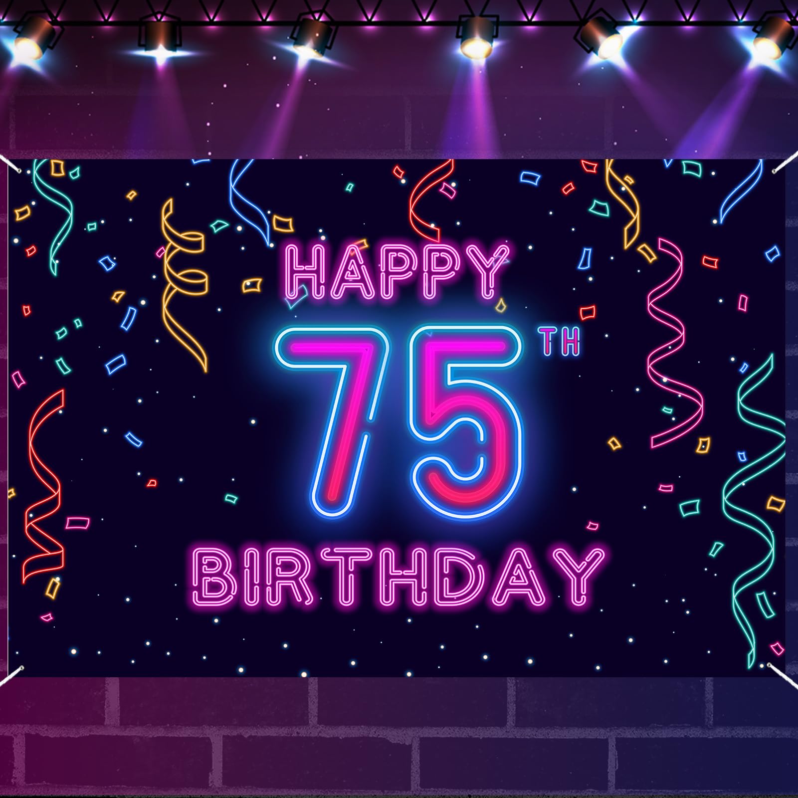 75th Neon Birthday Banner Backdrop, 75 Years Birthday Party Banner Let Glow Party Disco Dance Neon Theme Backdrop, Colorful Night Decorations for Girls Boys Women Men Photo Props Supplies Glitter — image 1