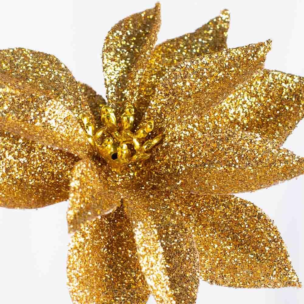 Factory Direct Craft Pack of 12 Gold Glitter Artificial Poinsettia Picks Christmas Tree Decorations and Holiday Flower Arrangements (6 inches high)
