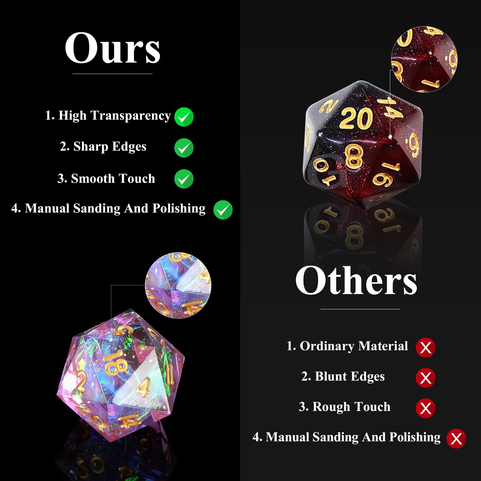 Dadi DND a bordo affilato fatti a mano per giochi di ruolo Dungeon e draghi, dadi DND multifacce in resina poliedrica giochi di ruolo Shadowrun Pathfinder MTG (rosa viola)