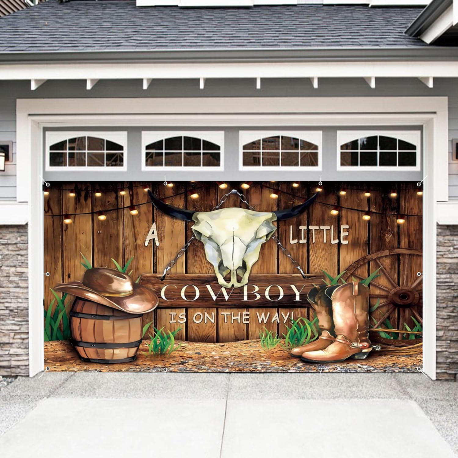 7x16ft Large Western Cowboy Garage Door Banner Decorations Backdrop Wild West Wooden House Garage Door Decor Photography Cask Cowboy Boots Western Theme Party Outdoor Garage Door Decor Banner Cover