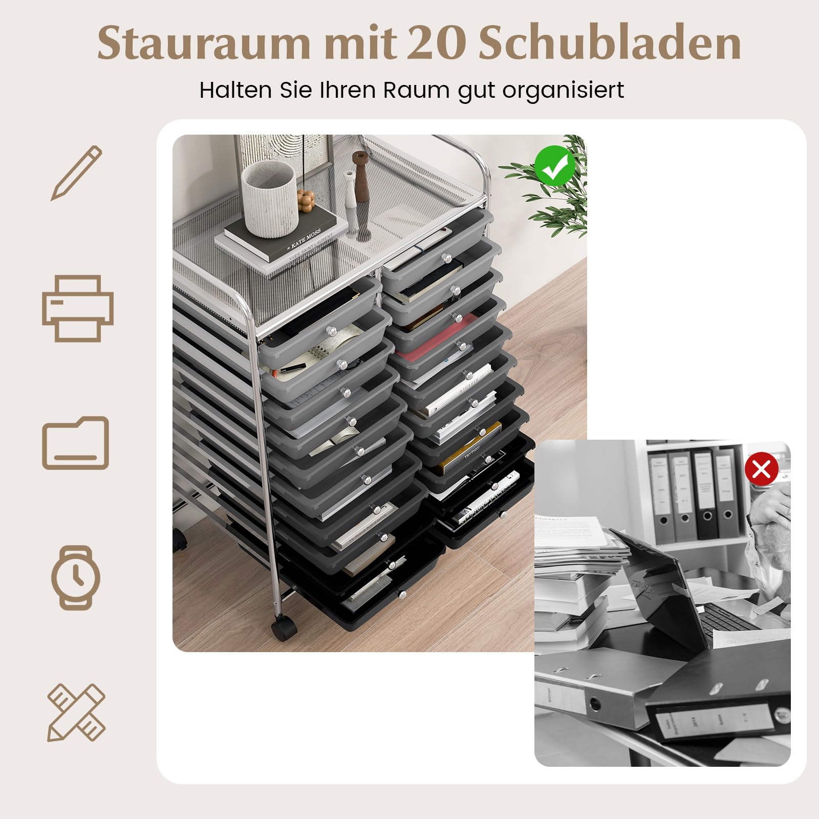 COSTWAY Rollwagen mit 20 stapelbaren Schubladen, Schubladenwagen, Rollcontainer mit Metallgestell und Ablagefläche, Badrollwagen Beistellwagen für Büro, Wohnzimmer (Gemischt Schwarz)