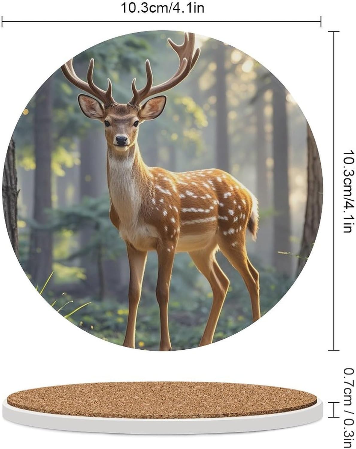 6PCS Sika Deer Coasters Non-Slip Round Drink Coasters with Ceramic Stone and Cork Base, Heat Resistant Absorbent 33.00Stone Coaster Set for Kinds of Mugs and Cups, 4 Inch
