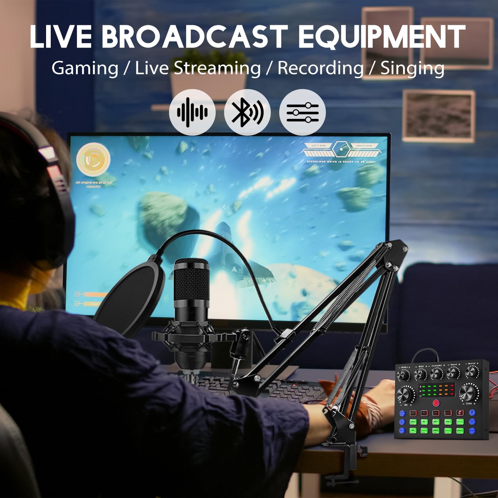 ALSO GO Paquete de equipo de podcast, tarjeta de sonido V8S con micrófono de podcast BM-800 y cambiador de voz, paquete de micrófono de estudio con soporte ajustable, adecuado para podcasting
