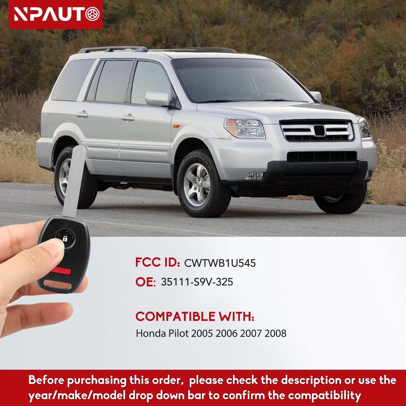 NPAUTO Key Fob Replacement Fits for Honda Pilot 2005 2006 2007 2008, Keyless Entry Remote Control Car Key Fobs, (CWTWB1U545, 35111-S9V-325, 433 Mhz, Pack of 2)