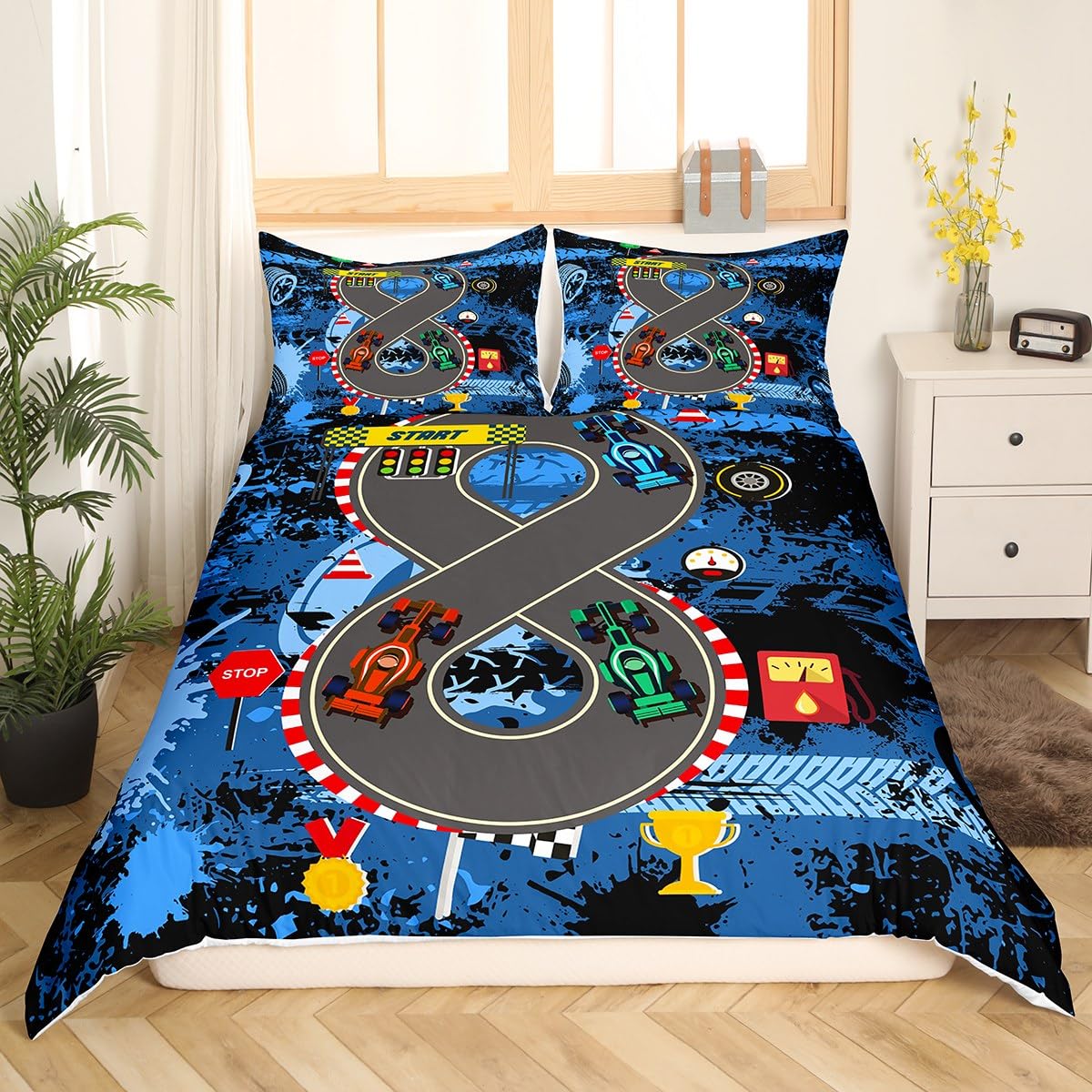 Manfei Cartoon Racing Car Game Duvet Cover Set Super King Size,Racing Circuit Bedding Sets 3Pcs for Kids Girls Boys Adult Room Decor,Trophy Medal Comforter Cover Navy Quilt Cover,2 Pillowcases โ image 1
