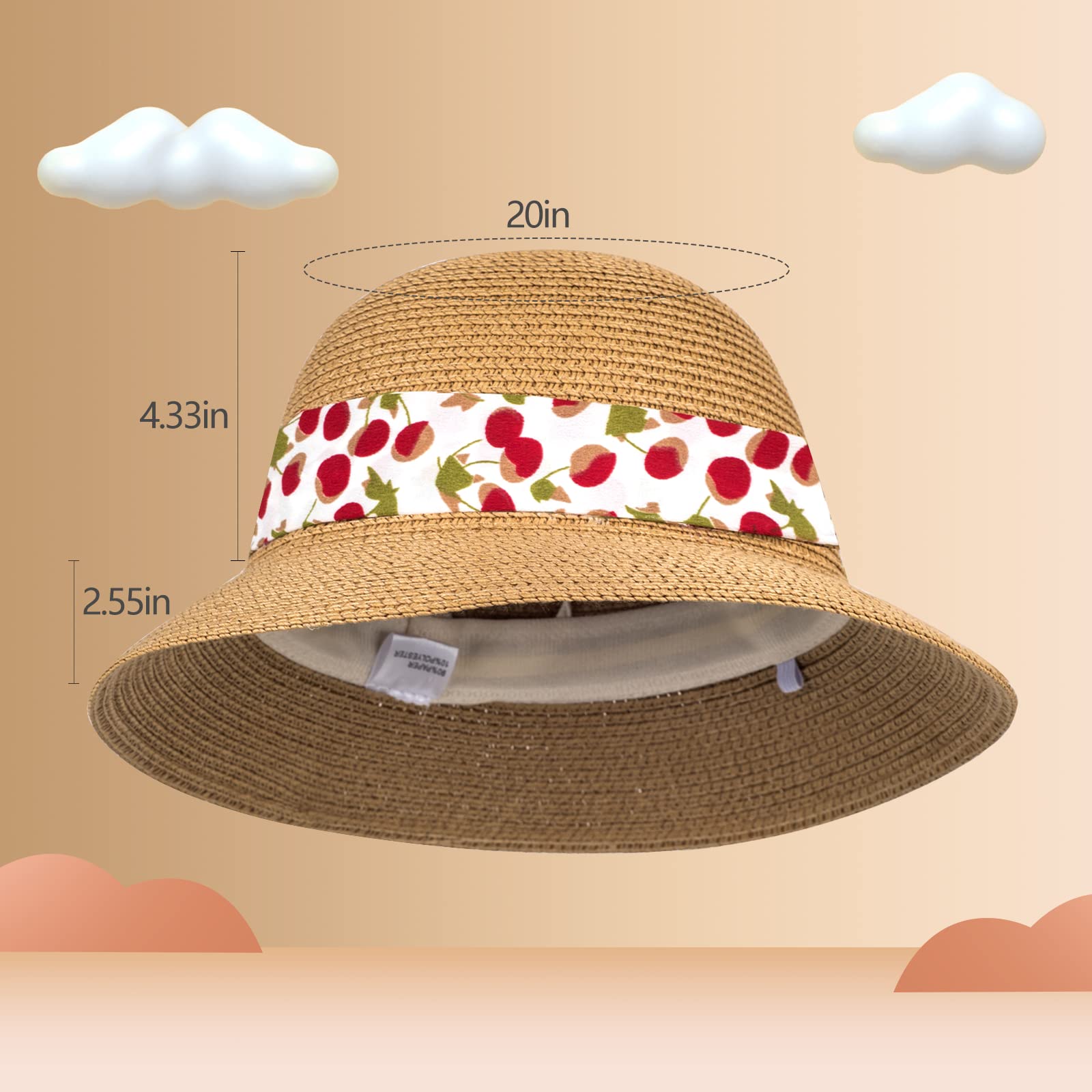 Cappello di paglia da sole per bambine, estivo, da spiaggia, ripiegabile, misura regolabile, con sottogola, per 5-10 anni