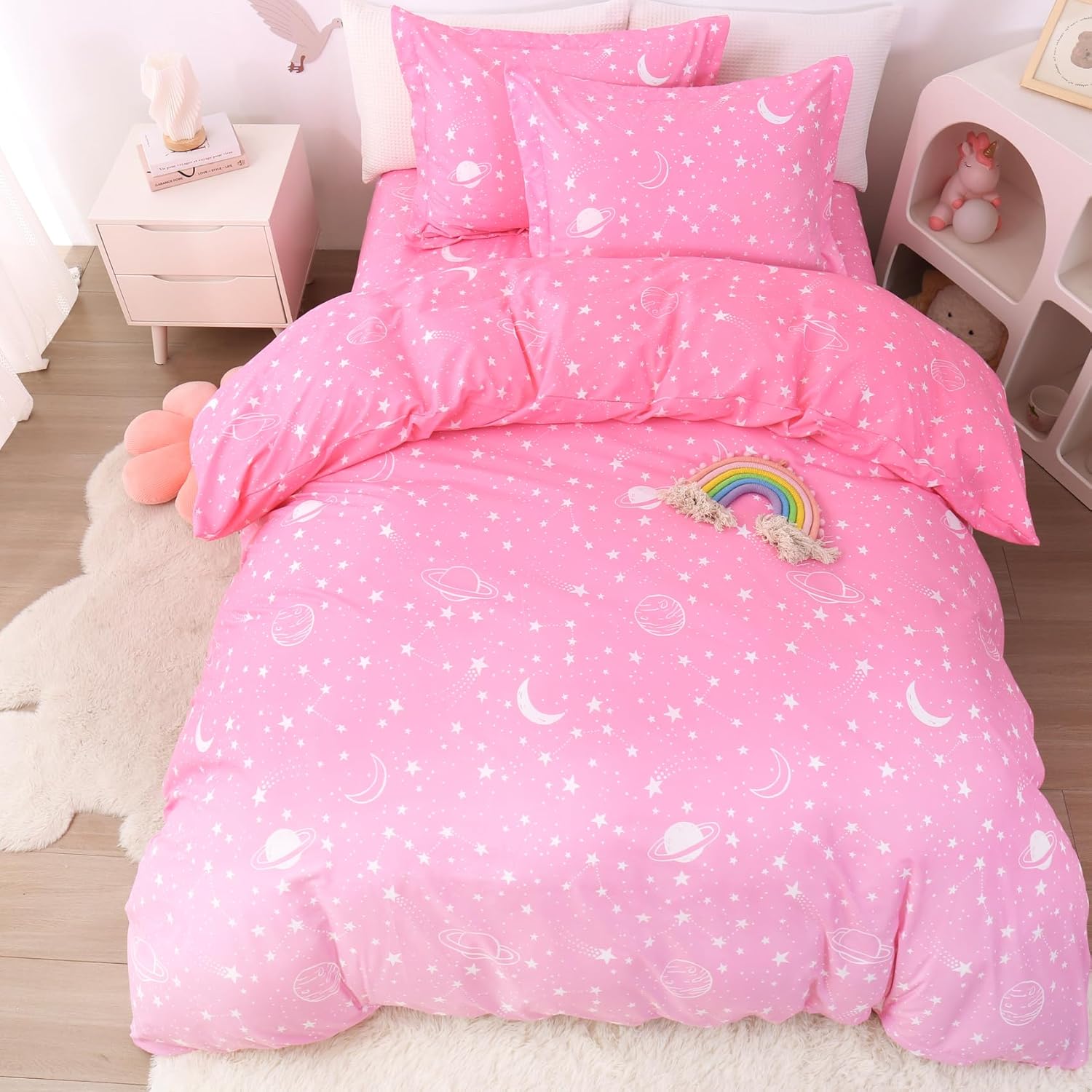 JSD Pink Stars Kids Duvet Cover Set Twin Size, 2 Piece Girls Space Theme Microfiber Comforter Cover with Pillow Sham Zipper Closure, Comforter Not Included