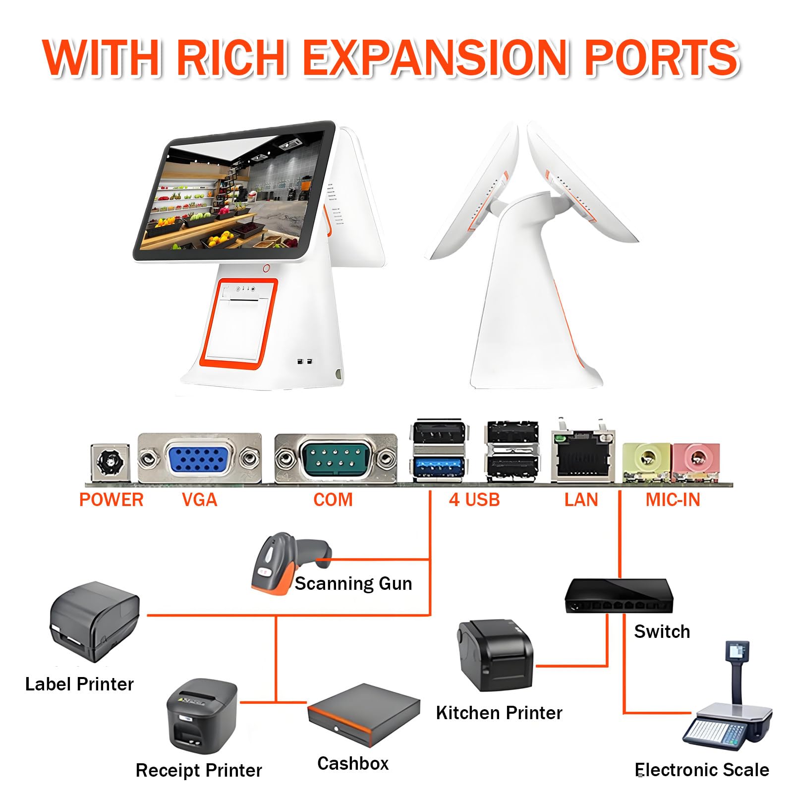 Sistema- TPV Profesional Todo en uno para pequeñas Empresas, Caja registradora con Pantalla táctil de 15,6" e Impresora de Recibos integrada, Pantalla para Clientes. White