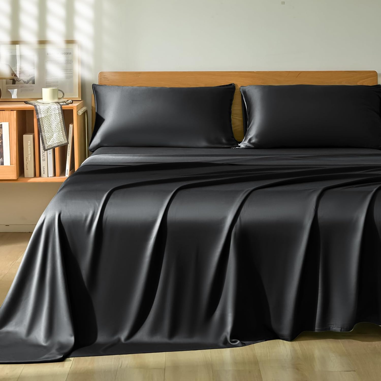 Homiest Queen Sheet Set 4pcs, 100% Rayon Derived from Bamboo Sheets, Cooling & Breathable Bedding for Hot Sleepers, Soft Luxury Sheets with 16" Deep Pocket, Hotel-Grade Silky Comfort (Black) - Thumbnail 3
