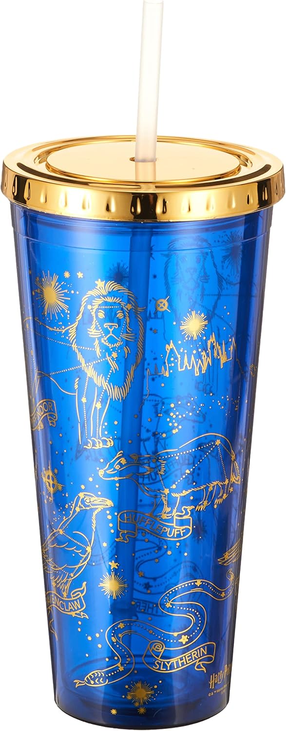 Spoontiques Harry Potter Acrylic Foil Cup with Straw, 20oz - Metallic Locking, Double Wall Insulated, BPA Free - Constellations