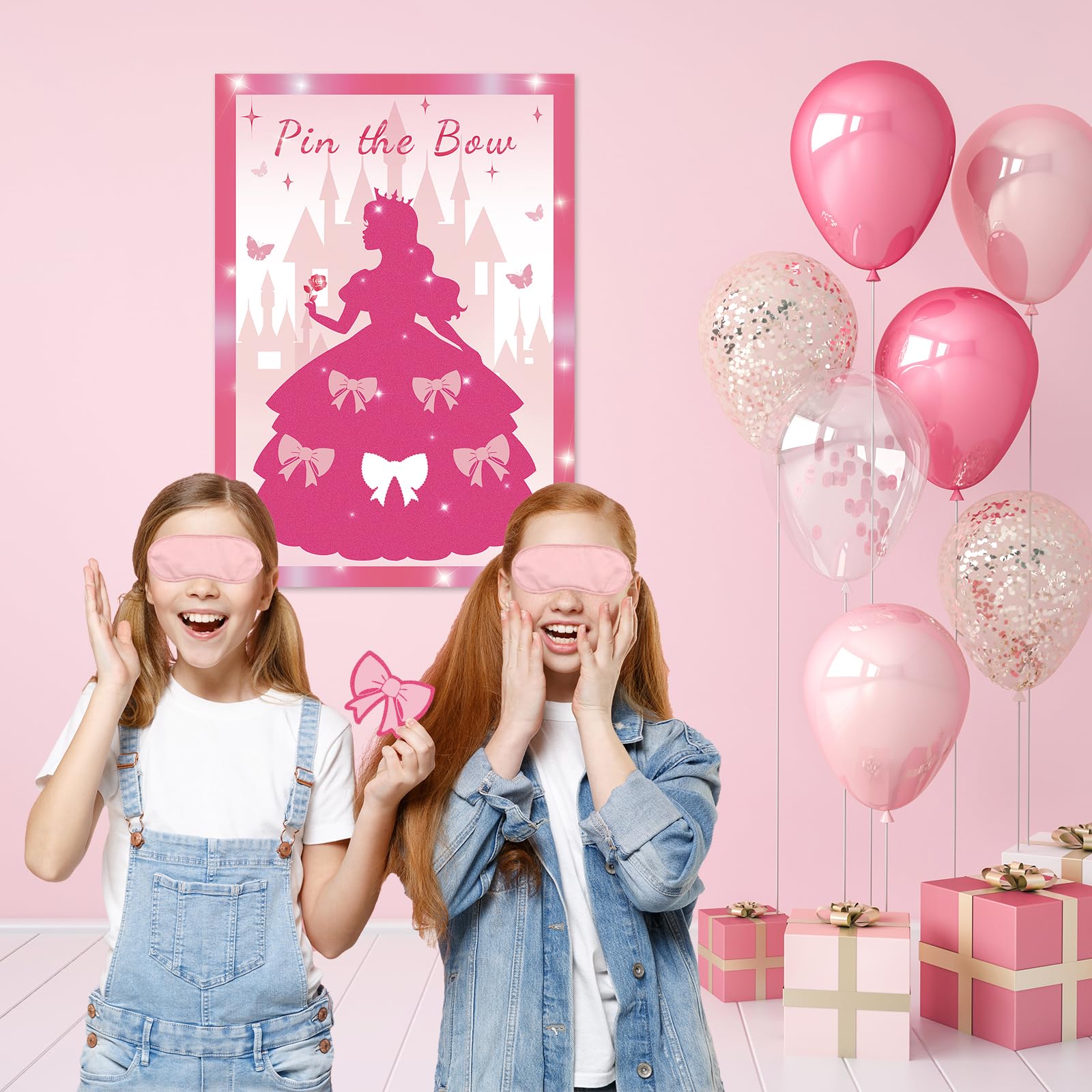 Pin the Bow Partyspiel für Mädchen, Rosa Mädchen Prinzessin Poster mit 24 Schleifen-Aufklebern, Kinder Teens Geburtstag Party Supplies Dekorationen, Sleepover & Dress-Up Aktivität - A2 Poster