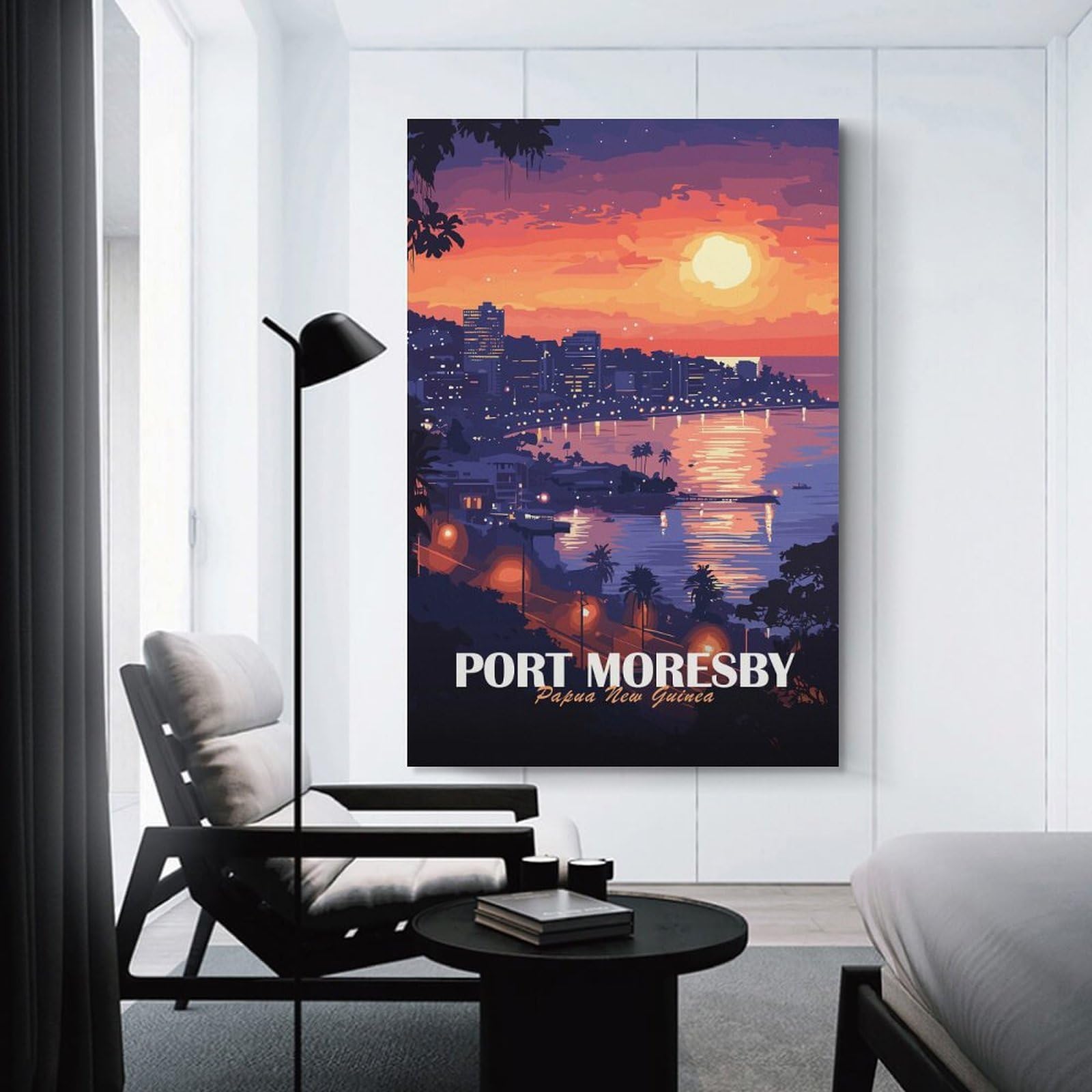 Junmoney Hanging Wall Art Port Moresby, Papua New Guinea at Sunset, 12x18inch(30x45cm), for Wall Displays, Bedrooms Or Room Updates, Wall Decor Suited to Curated Displays