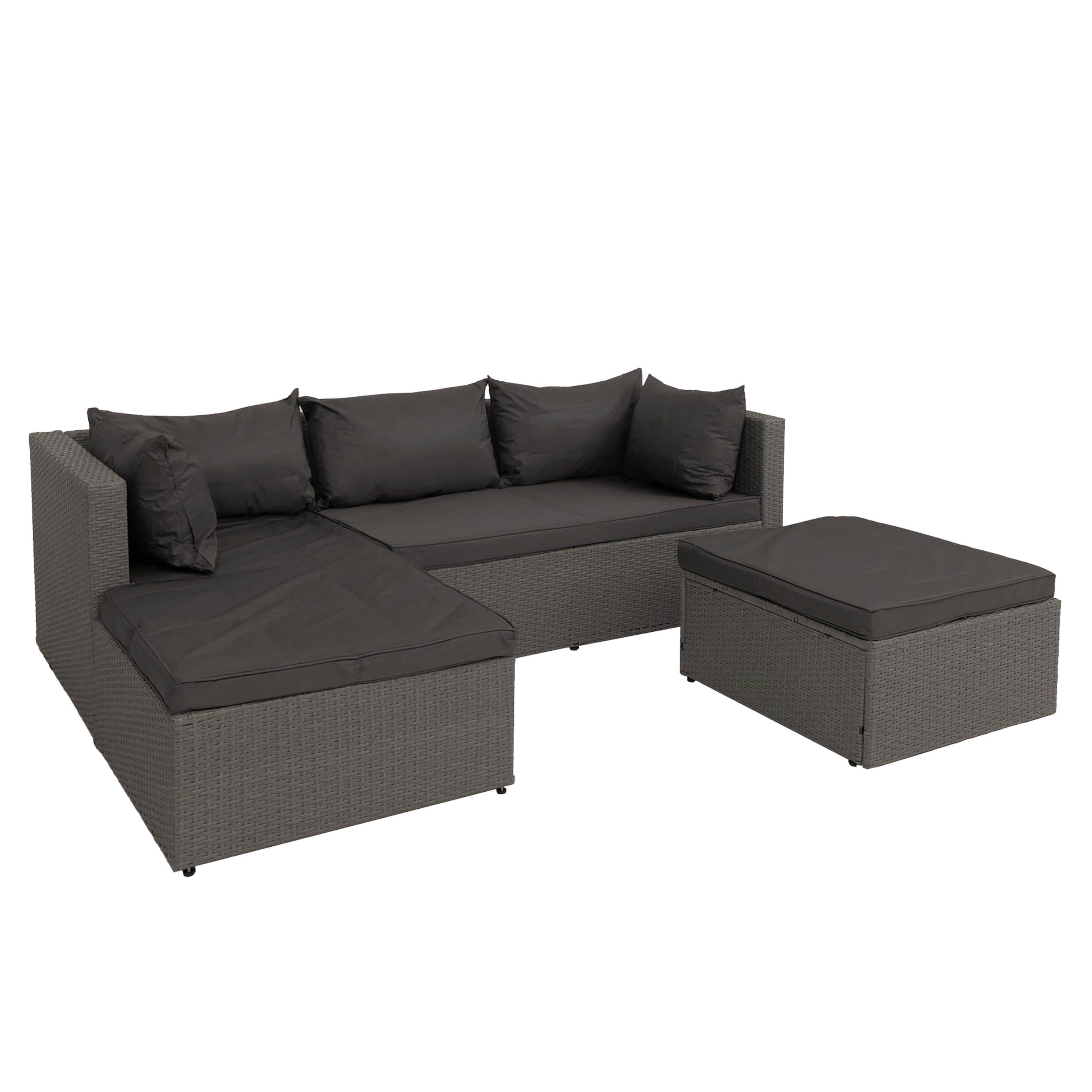 Mendler Poly-Rattan Garnitur HWC-O46 - grau Polster dunkelgrau | Balkon-/Garten-/Lounge-Set, Sofa, Sitzgruppe