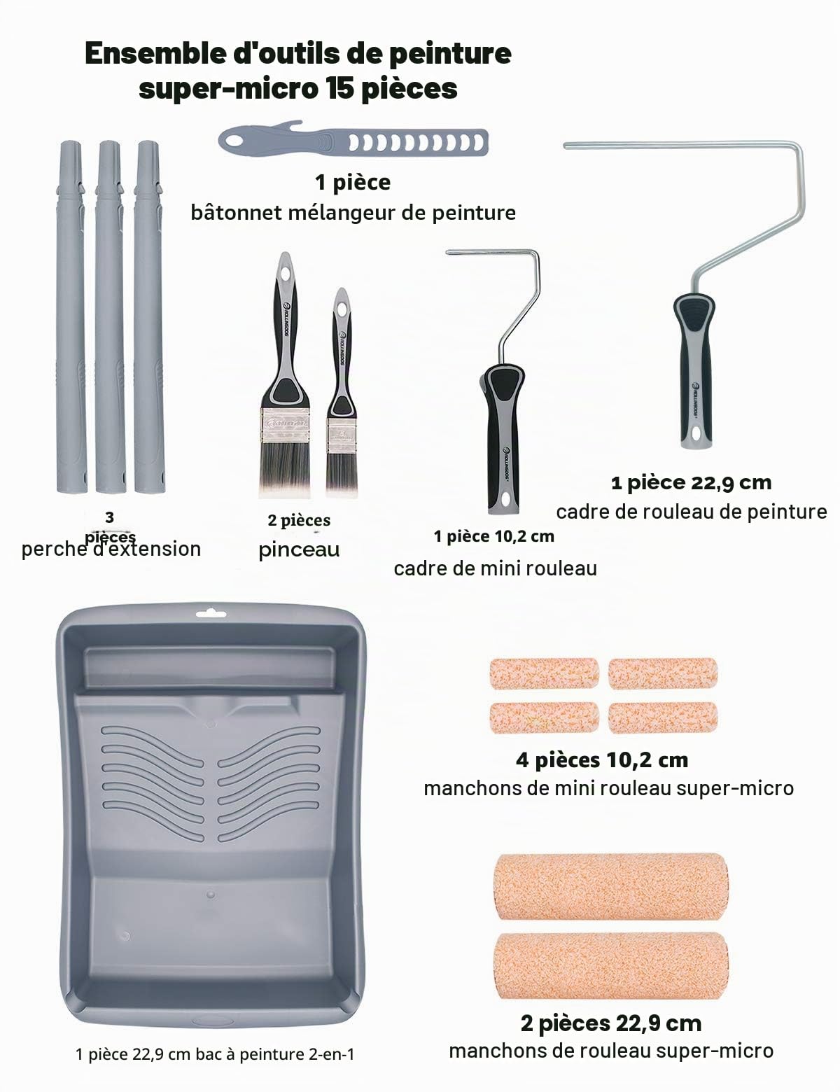 ROLLINGDOG Set Rouleaux Peinture 22,5 cm, Kit 15 Outils Peinture