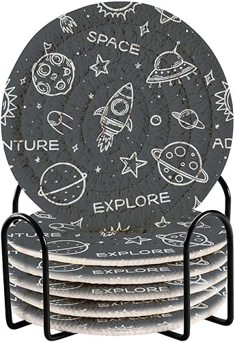 innewgogo Space Rockets 6 Pcs Absorbent Drink Coasters for Tabletop Protection Handmade Round Woven Coaster with Holder & Heat Water Resistant Bulk