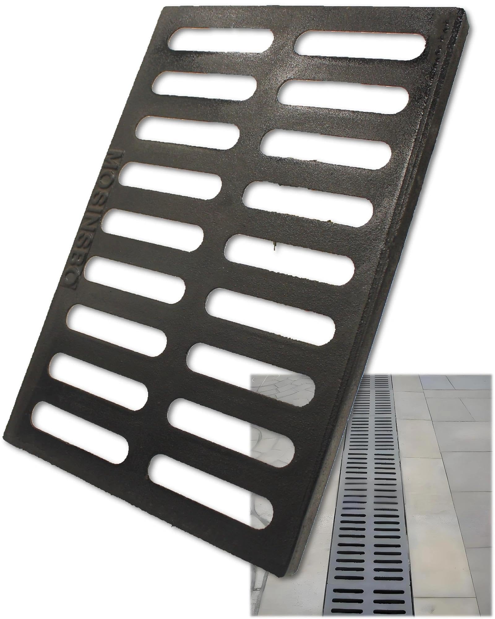 MOSINSBO Cast Iron Drain Grate 440x304 mm Gully Grid, B125 Heavy-Duty Driveway Channel Cover, Outdoor Trench Drainage Grate, Black Rectangle Metal Sewer Cover for Garage