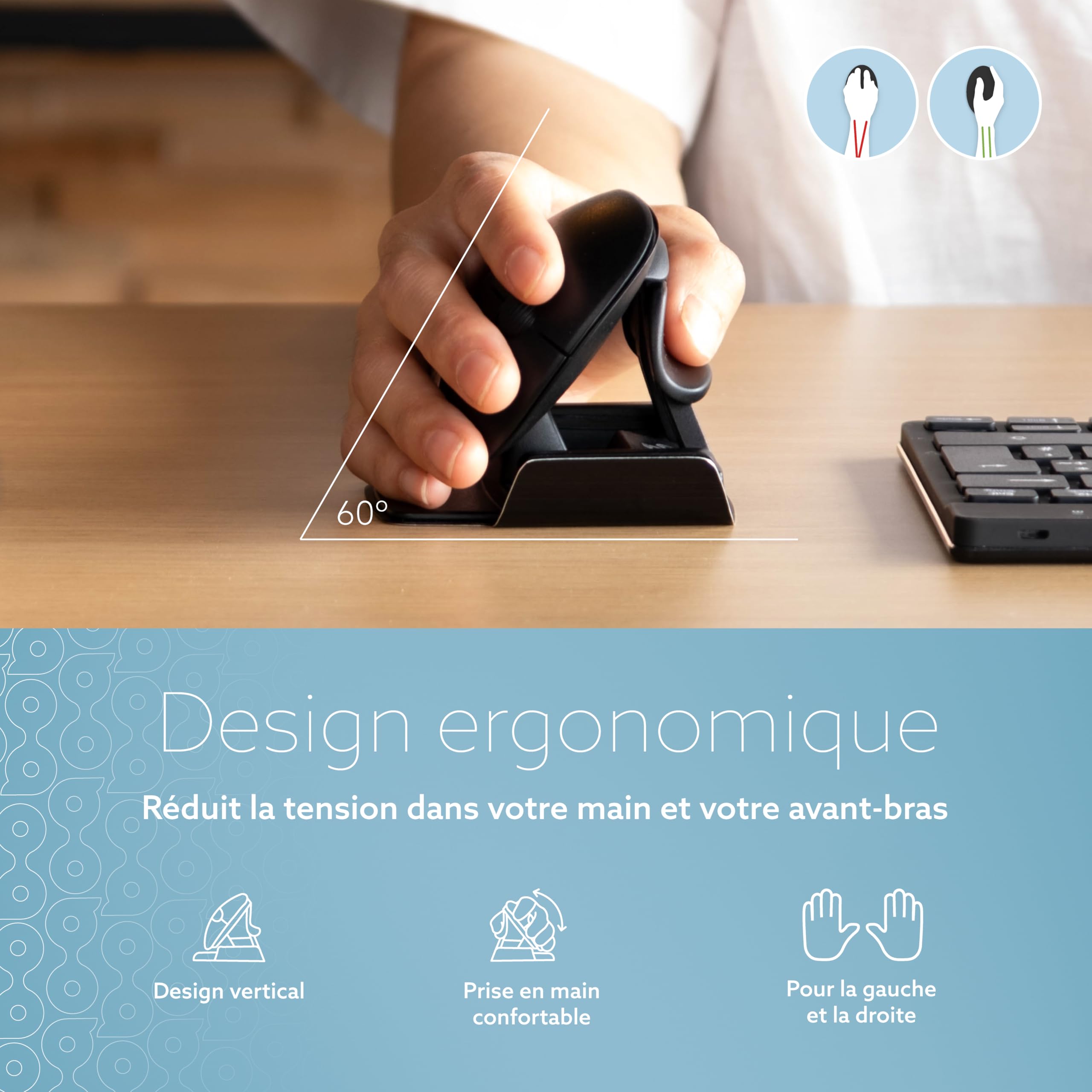 R-Go Twister Ambidextre Souris, Design Vertical Ergonomique, Connexion Bluetooth/USB Mode Dual, Logiciel Anti-TMS, Prévention du Syndrome de la Souris, Rechargeable, pour Windows/Mac, Noir