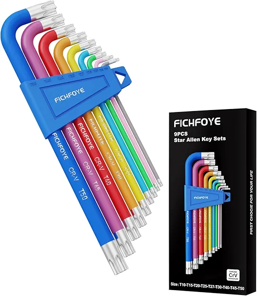 FICHFOYE 9PCS Star Allen Key Set, Color Coded Hex Key, T10-T50 Hex Wrench Set Long Arm TX Key Set Ideal for Dismantling Machinery, Equipment, Vehicle, and Bicycle Maintenance