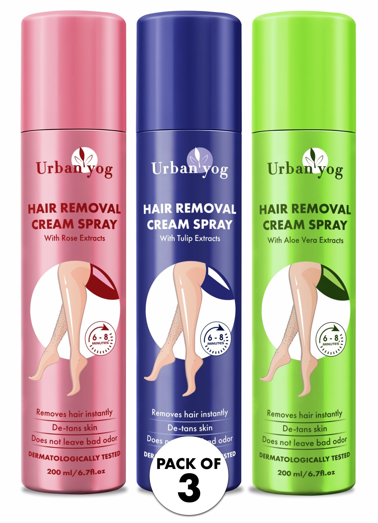 Urban Yog Hair Removal Cream Spray for Women (200 ML * 3 Units) | Combo Flavor - Tulip, Aloe Vera and Rose | Painless Body Hair Removal Cream