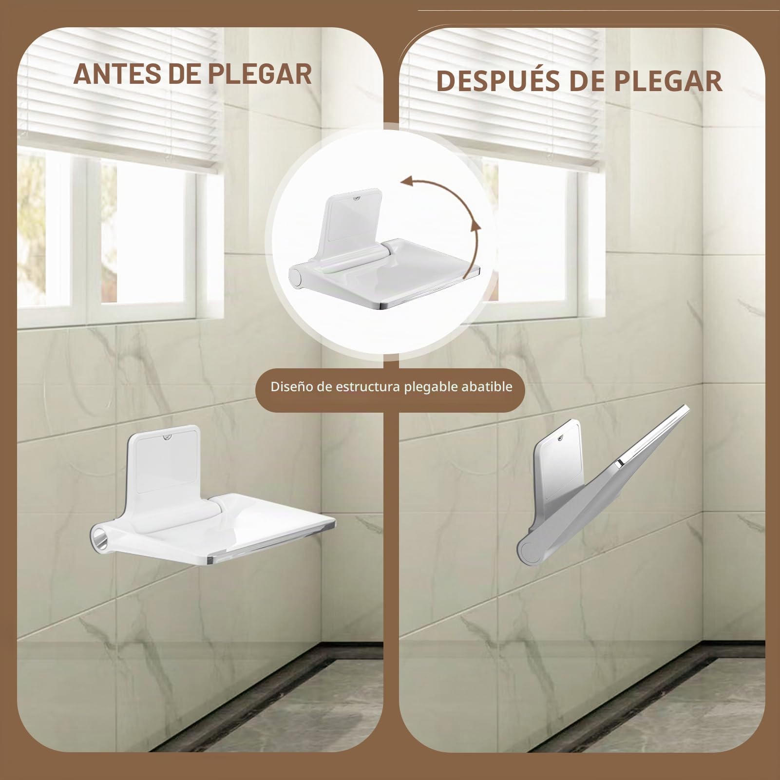 Asiento de Ducha Abatible Grueso con Respaldo de Pared - 200kg Capacidad Antideslizante, Silla Plegable para Personas Mayores, Blanco