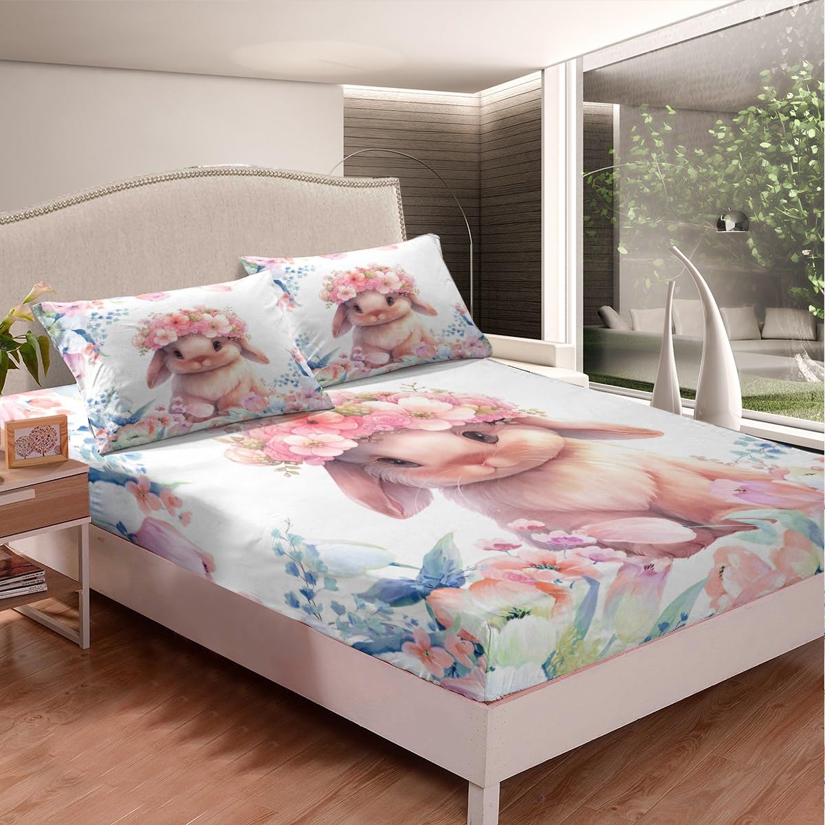 Feelyou Cute Rabbit Fitted Sheet Twin Size Kids Cartoon Bunny Animal Bedding Set for Boys Girls Teens Flower Floral Print Bed Sheet Set Farm Zoo
