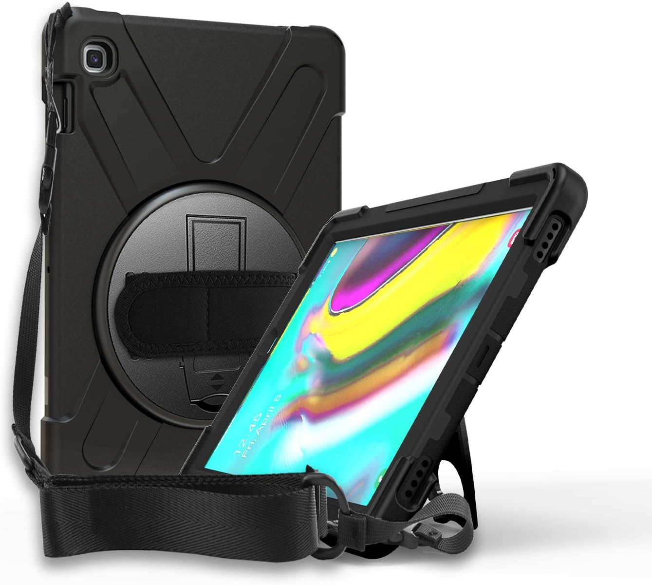KIQ Shield Series Samsung Tab 10.1 Case SM-T510/T515 Samsung Galaxy Tab A 10.1 Case 2019 Shockproof Rugged Cover 360 Kickstand, Hand Strap & Shoulder Strap for Galaxy Tab A 10.1 Inch - Black Armor Shield Black