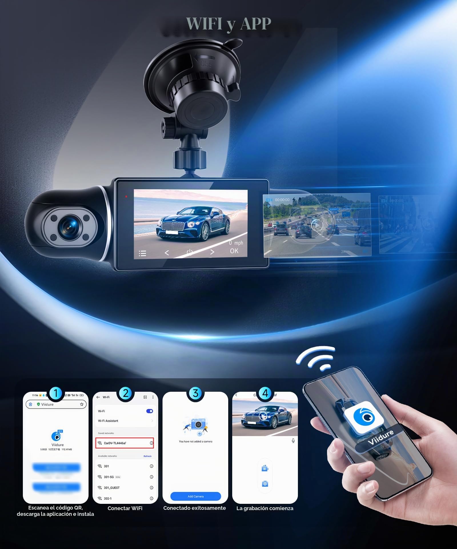 Rimoody Dash CAM 2K 4 Cámaras, WiFi App Viidure, Coche Grabadora 360° con Visión Nocturna, G-Sensor, Asistente de Marcha Atrás, Pantalla 3 Pulgadas para Coche 64 GB Tarjeta