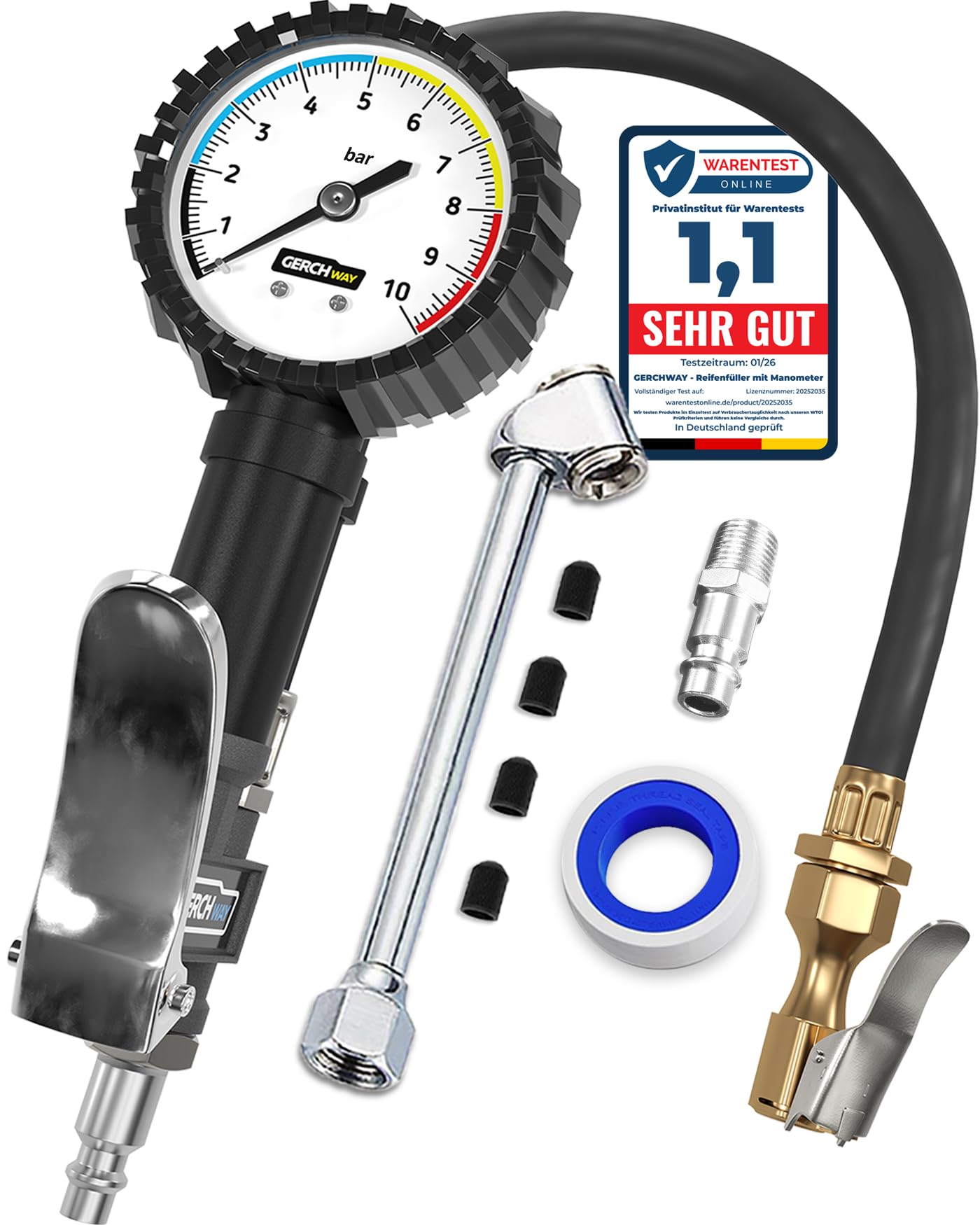 Reifenfüller mit Manometer – Präziser, Robuster 0.5–10 bar Druckluft Reifendruckfüller für Kompressor