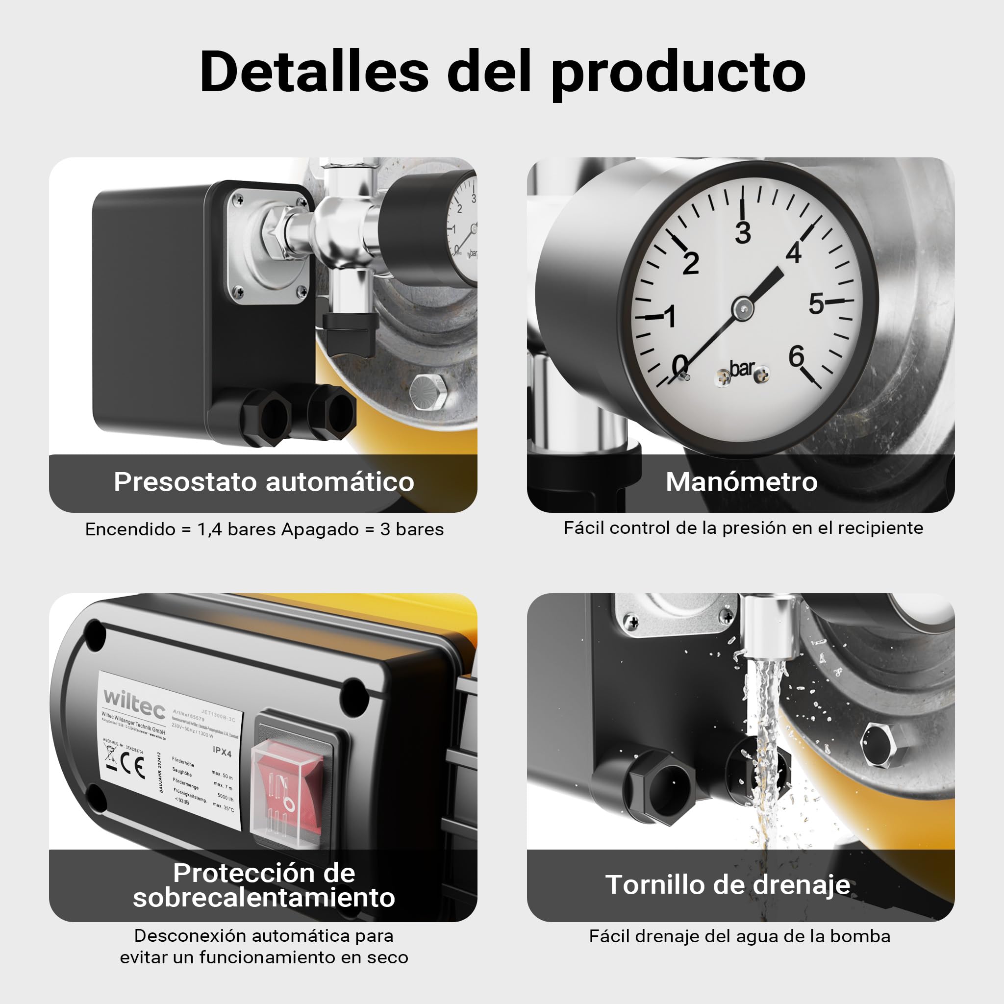 Wiltec Bomba de agua 1300 W con tanque de presión de 24 L y prefiltro, caudal 5000 l/, equipo de presión de agua para uso doméstico, carcasa de acero inoxidable, altura de elevación 50 m