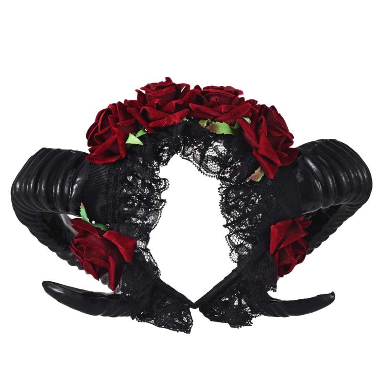 Ro Rox Gothic Ram Horns Sinister Evil Headband Roses Garland Satanic Headpiece - Red Roses