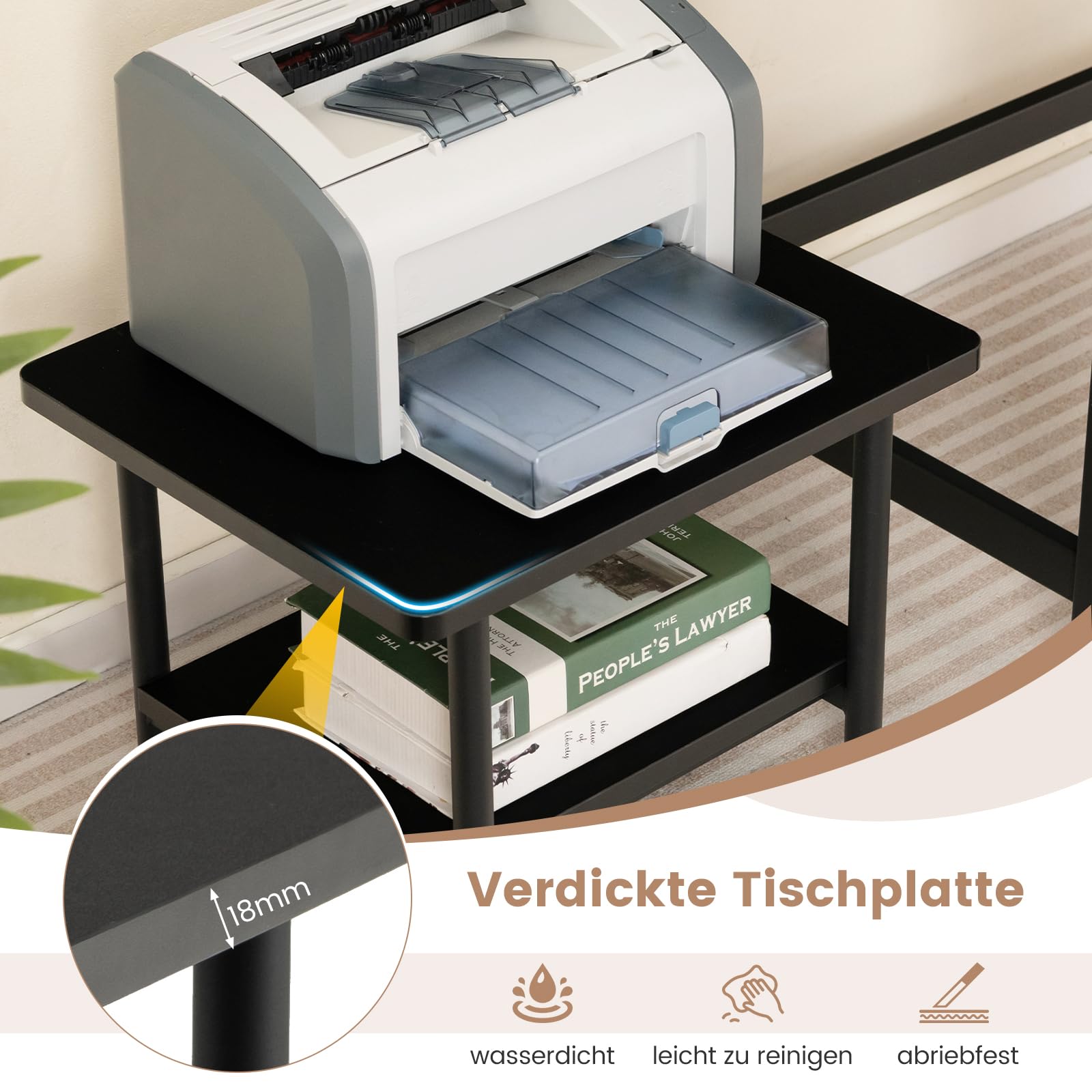 COSTWAY Druckertisch mit Rollen, Druckerständer mit feststellbaren Rädern, Druckerwagen mit 2 Ebenen, Druckerablage Druckerregal Druckerhalter für Büro, Fax, 49 x 40 x 38 cm (Schwarz)