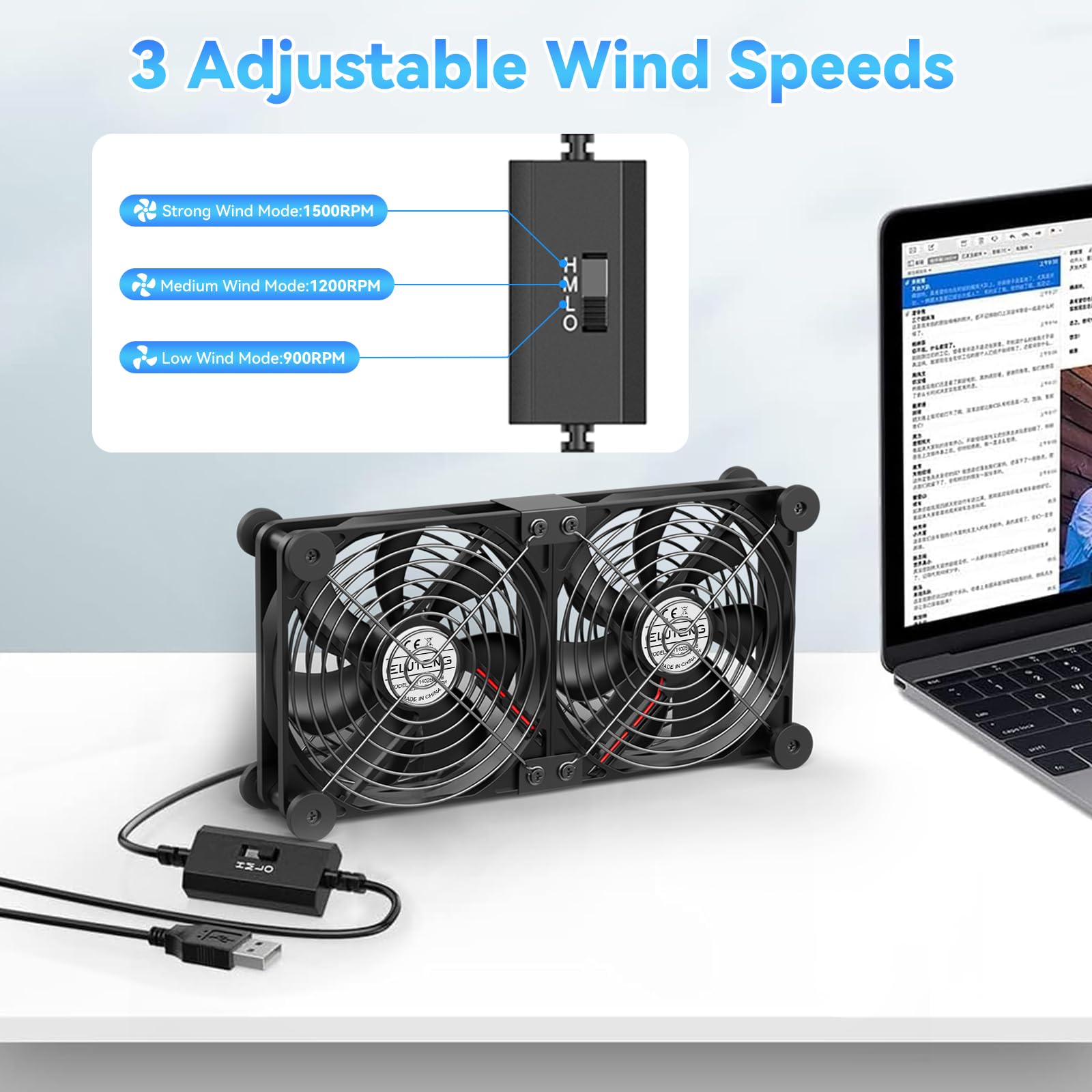 ELUTENG Wentylator USB 2 w 1, 120 mm, 5 V, podwójny wentylator USB z 3 prędkościami, wentylator PC 12 cm z 8 nóżkami tłumiącymi i cyfrowym regulatorem temperatury do PS5, PS4, laptopa, TV Box, routera