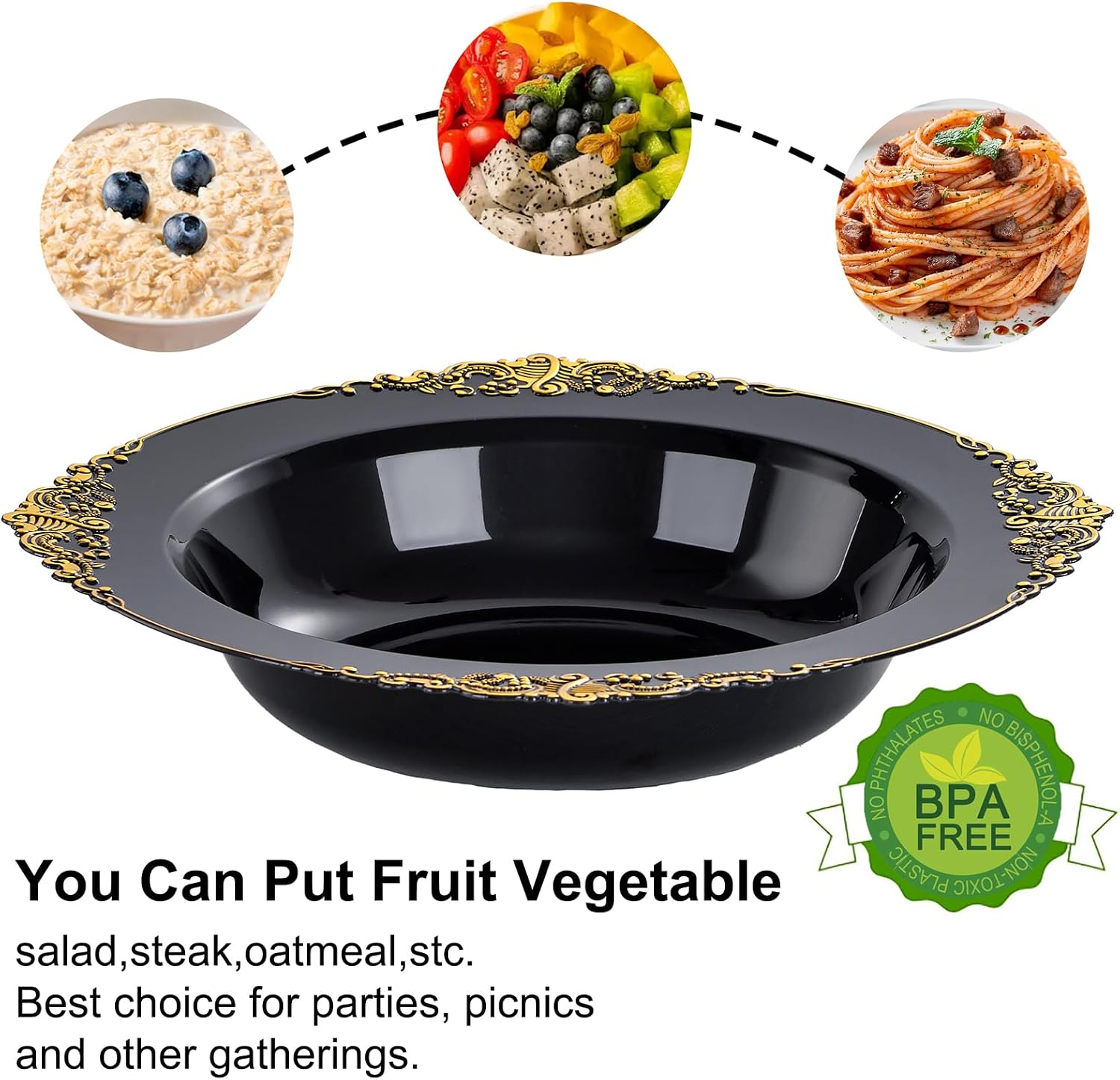 Nervure 50PCS Black and Gold Bowls- 7.28 inch Black Plastic Bowls with Gold Rim - 50 Black and Gold Plastic Bowls - 12oz Disposable Soup Bowls