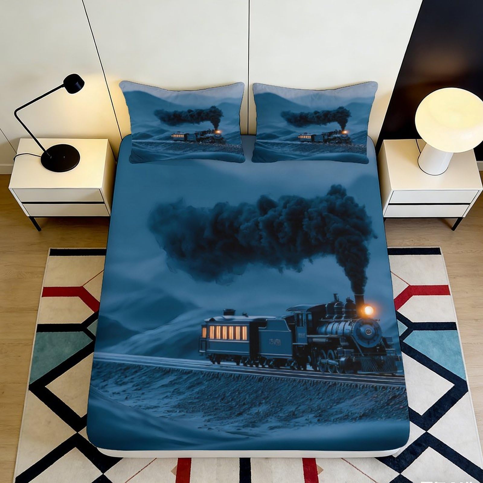 Kzqjxnhpcr Style-7 3D Printed Steam Train Fitted Sheet Microfiber Deep Pocket Bedding Steam Train Mattress Fitted Cover Non-Slip Washable For Adults Teens 90X200x25cm 90X200x25cm