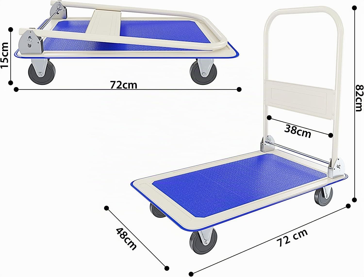 Carrello Pieghevole Tuttofare Richiudibile Portata Max 150 Kg Con 4 Ruote Carrellino Trasportatore Piattaforma Con Pianale In Acciaio E Rivestimento Antiscivolo Portapacchi 82 x 48 x 72 Cm Blu