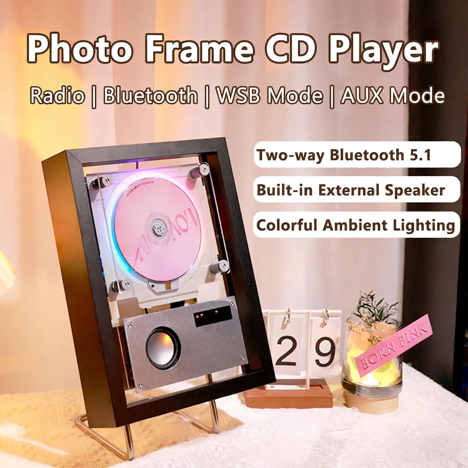 Reproductor de CD de pared con mando a distancia, Bluetooth 5.1, USB, FM, modos auxiliares, marco de fotos decorativo de música para el hogar, oficina, pasillo, elegante decoración de pared