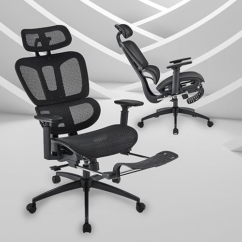 Homy Grigio Ergonomic Office Chair with Foot Rest, Executive High Back Home Office Desk Chair with 3D Armrest Adjustable Headrest Lumbar Support Swivel Mesh Computer Chair