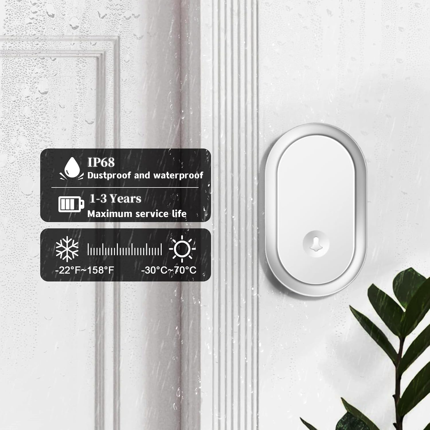 Genérico Timbre inalámbrico de 304 m de Alcance, IP68, Resistente al Agua, Kit inalámbrico con 2 pulsadores, 60 melodías, 5 Niveles de Volumen y Flash LED. Ideal para Puertas Delanteras y t