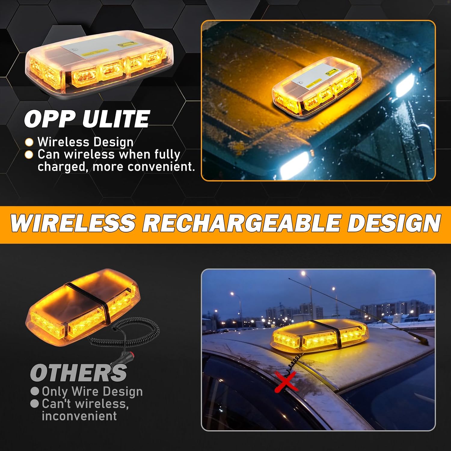 Wireless Led Strobe Lights Remote Control Rechargeable Battery, 17 Flashing Mode, 2 Brightness Mode, 48-Led, Beacon Roof Top Flash Emergency Flashing Warning Light for Vehicles Trucks, 1PC Pack, Amber