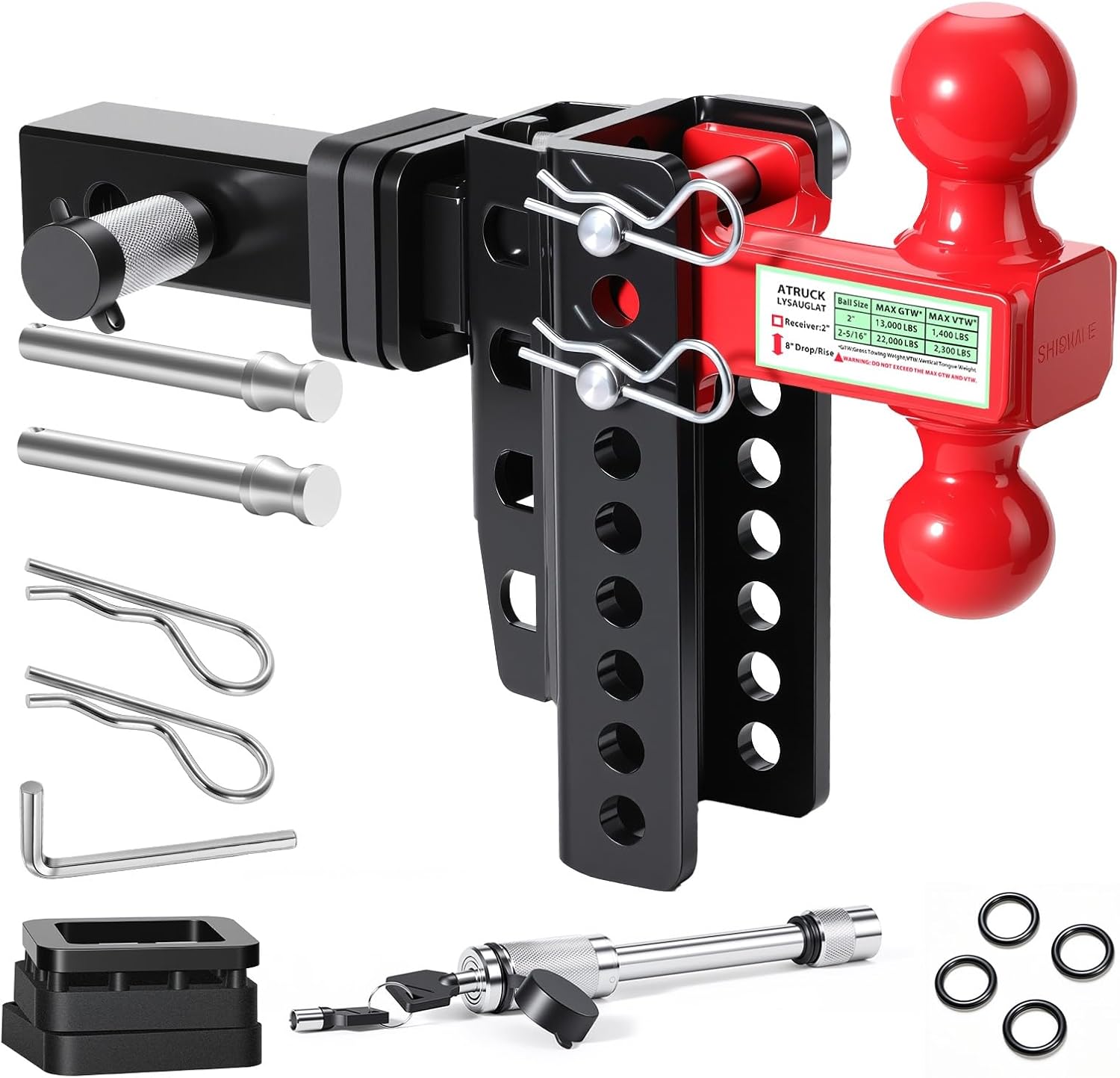 Zero-Noise Adjustable Trailer Hitch for 2 Inch Receiver - 8 Inch Drop/Rise, 22,000 lbs Towing GTW, Tow Dual Ball Sizes (2" & 2-5/16"), Anti Rust, Anti-Theft Lock Included (Red, 8 Inch Drop/Rise)